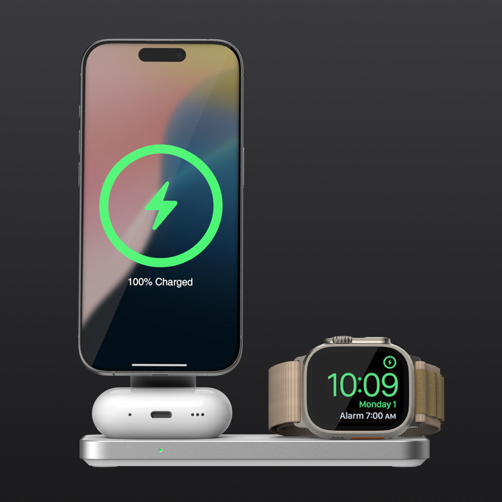 Charge your iPhone,
Apple Watch, and AirPods at the same time with one sleek and compact device. This charging station is designed to accommodate all your essential Apple devices, reducing the need for multiple chargers and keeping your workspace or nightstand clutter-free.
