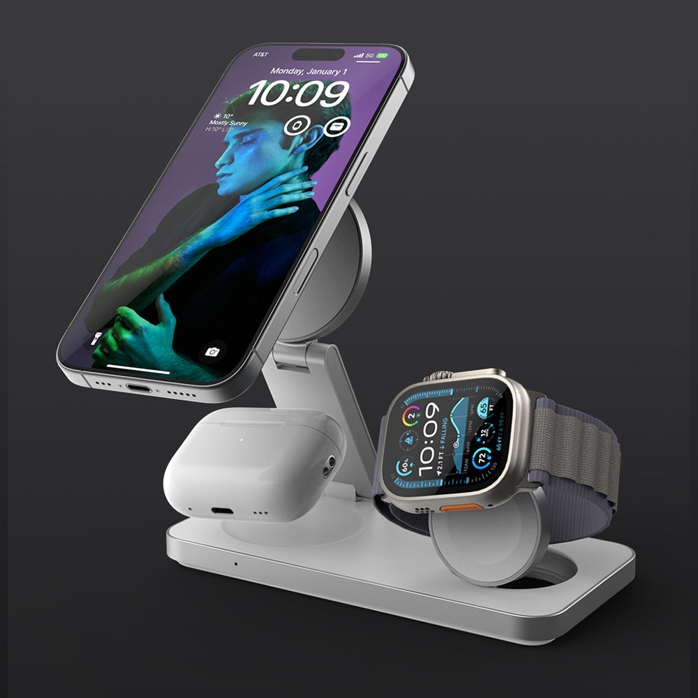 Charge your iPhone, Apple Watch, and AirPods at the same time with one sleek and compact device. This charging station is designed to accommodate all your essential Apple devices, reducing the need for multiple chargers and keeping your workspace or nightstand clutter-free.