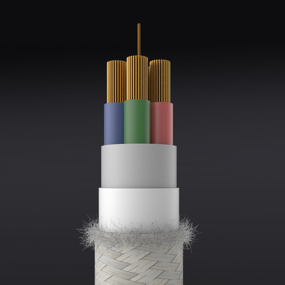 Rugged nylon exterior resists fraying and tangling, reinforced TPE at stress points prevents bending damage. 