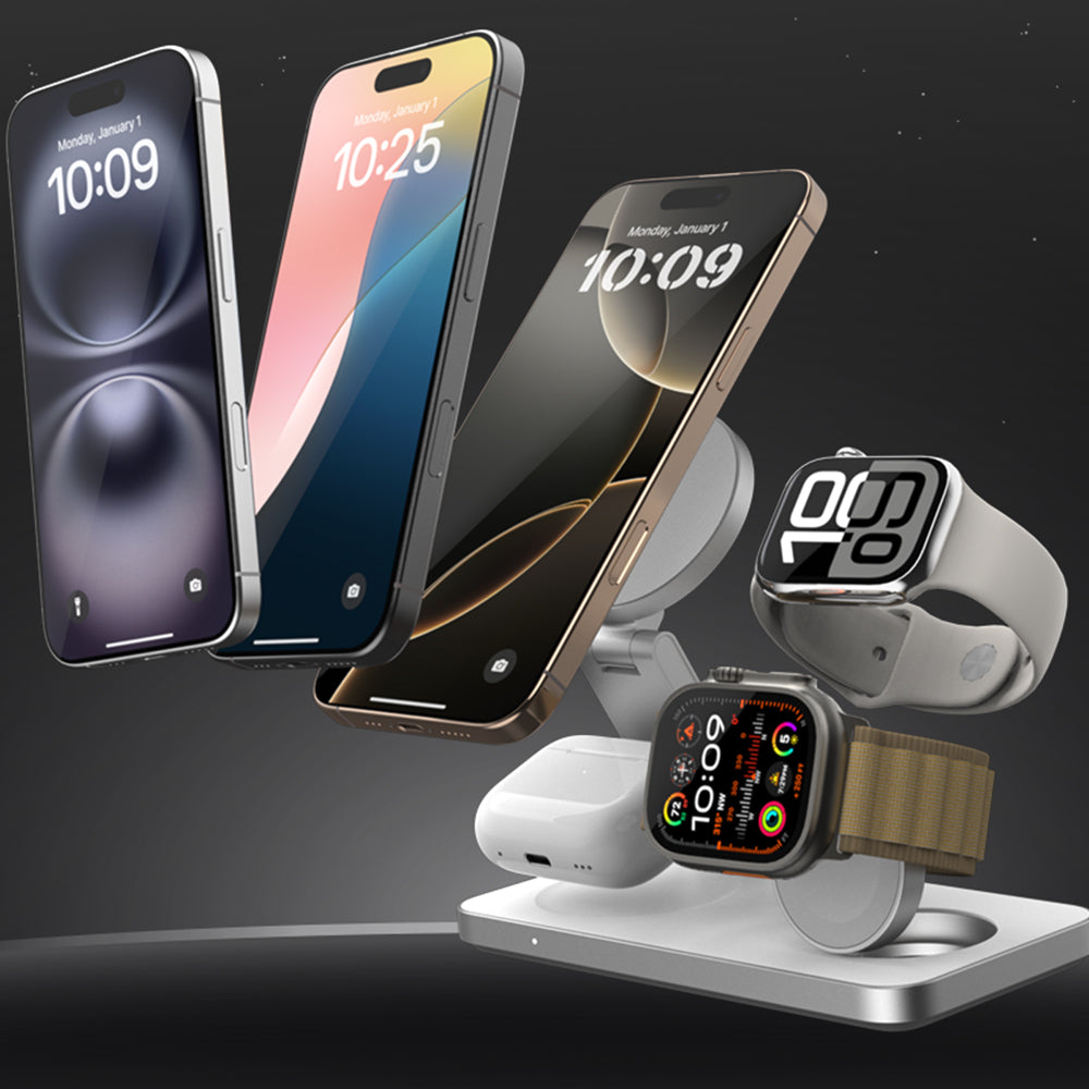 This charger supports MagSafe-compatible iPhones (iPhone 12 and newer), Apple Watch Series 2 to Ultra 2, and AirPods with wireless charging cases. It’s the perfect companion for Apple users who want a seamless charging experience.