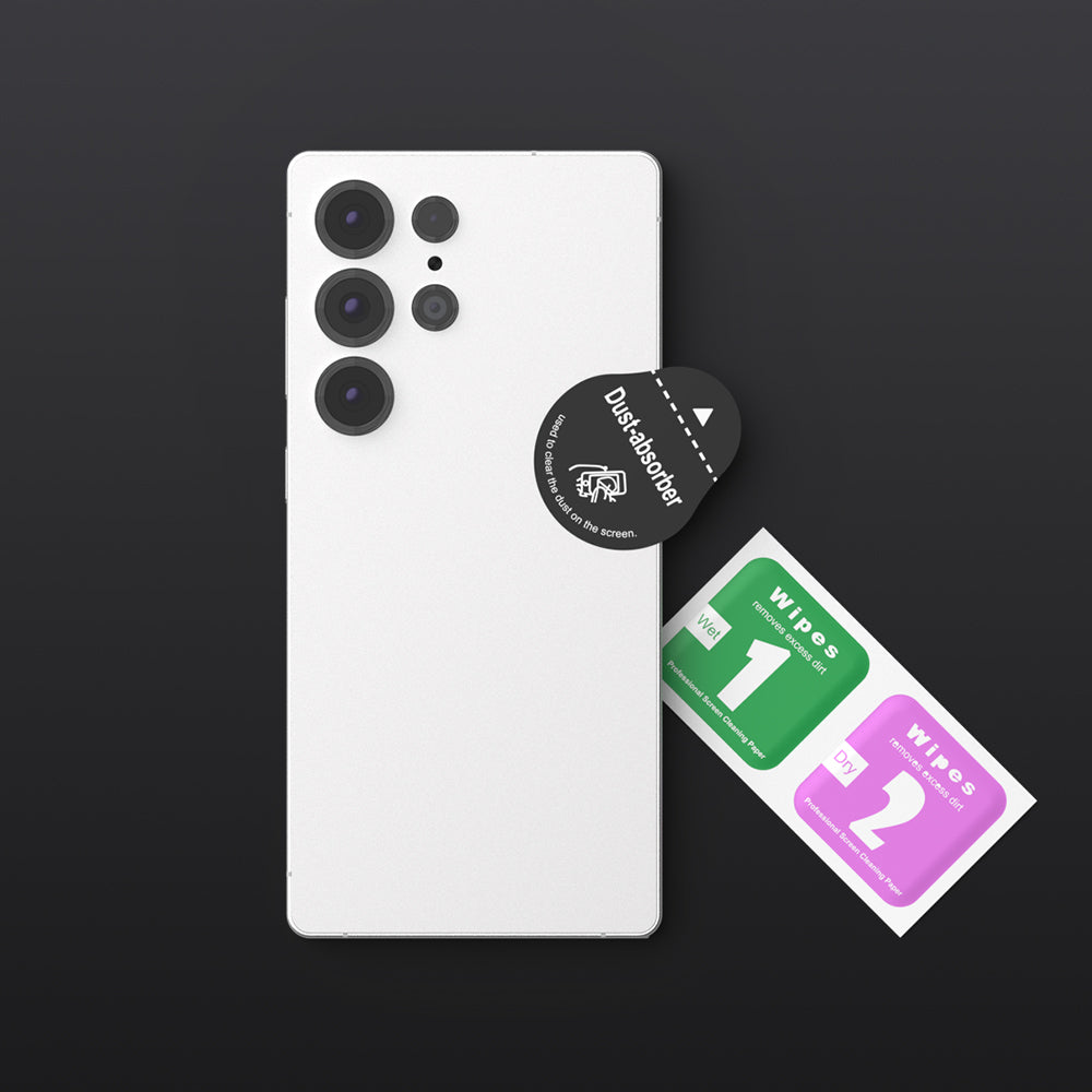 Clean the surface using the alcohol swab and dust removal sticker.
Then, use the ruler to align the guide in the center of your phone.