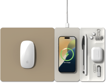 Model: POUT-02201-M
Size: (Mouse Pad) 215x215x5mm, (Charging Pad) 100x215x5mm, (Tray) 100x215x5mm
Weight (Mouse Pad) 230g, (Charging Pad) 125g, (Tray) 75g 
Material: PC-ABS, Vegan Leather, Magnet 
Power Input: DC 5V 2A / 9V 2.22A / 12V 1.67A 
Power Output: 5W / 7.5W / 10W / 15W 
Frequency: 110- 150 KHz 
Operating Temperature: O°C-35°C 
Storage Temperature: 20°C-70°C