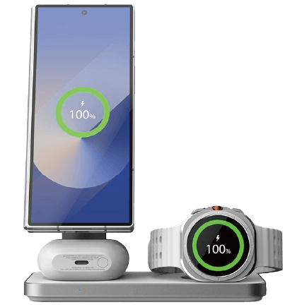Model: POUT-004401-S
Size: 150x75x29.5mm 
Weight: 224g 
Material: ABS, Rubber  
Rated Power Input: 9V2A / 9V2.7A / 12V2A (Max) 
Rated Power Output: Phone 5W / 7.5W / 10W / 15W (Max) Earbud 5W, Watch 3W 
Operating Temperature: 0°C-35°C 
Storage Temperature: -20°C~50°C